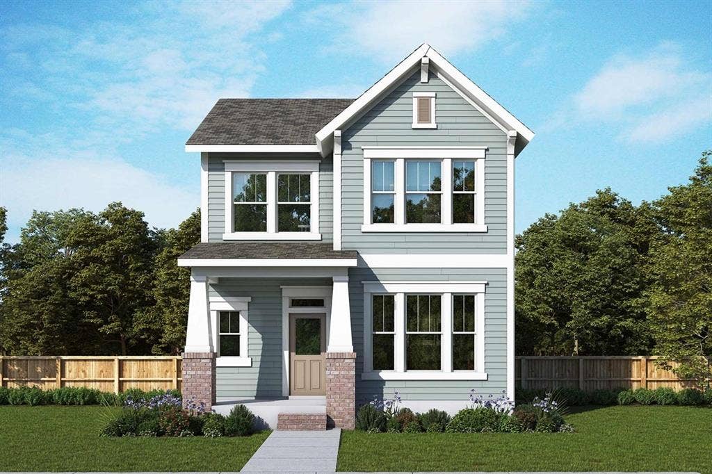 Modern two-story residence showcasing clean-lined architecture with board-and-batten siding, brick foundation detailing, and a covered front entry