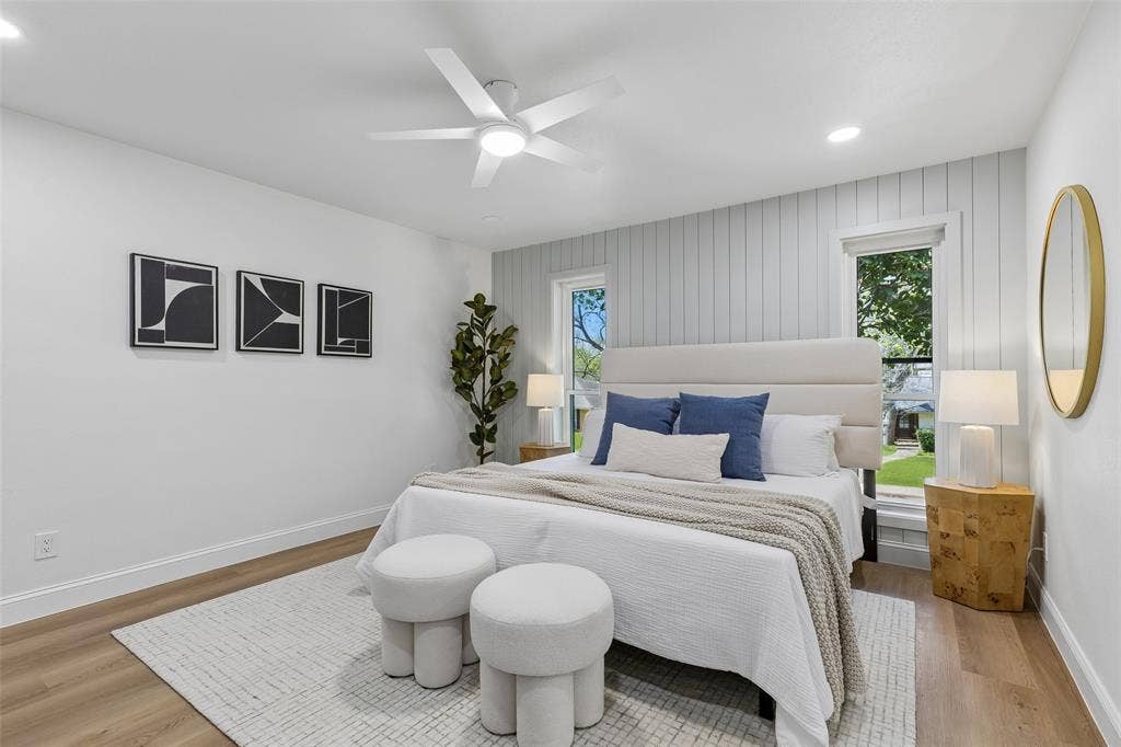 12124 Dixfield Drive, Dallas, TX 75218 Wood-finish flooring, recessed lighting, and a ceiling fan