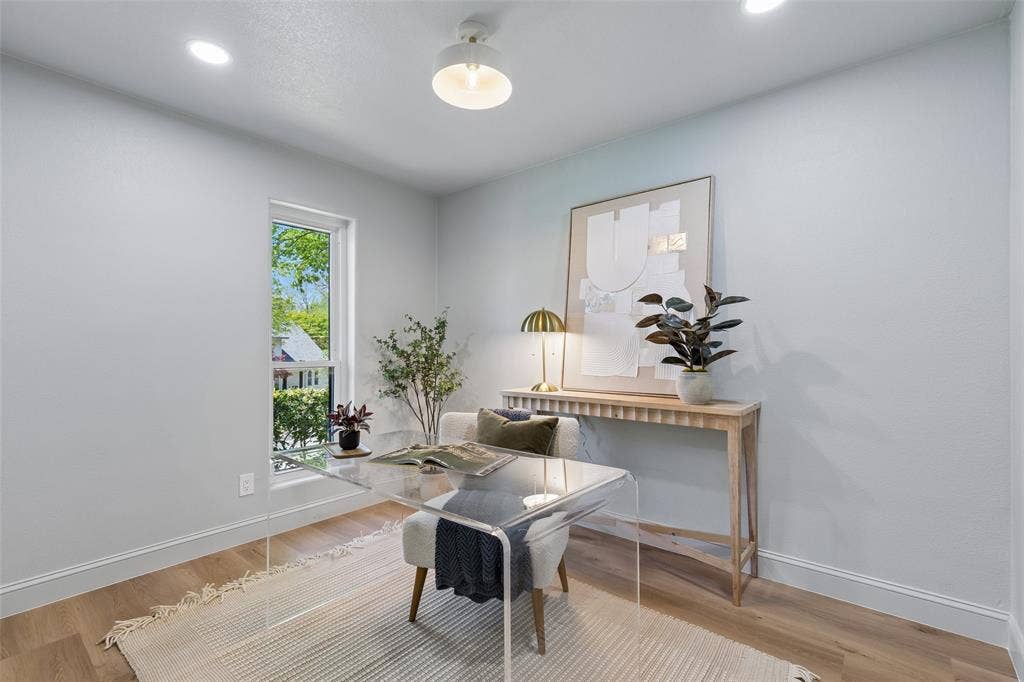 12124 Dixfield Drive, Dallas, TX 75218 Recessed lighting, wood-finish flooring, single window, baseboard molding, and a flush mount ceiling fixture