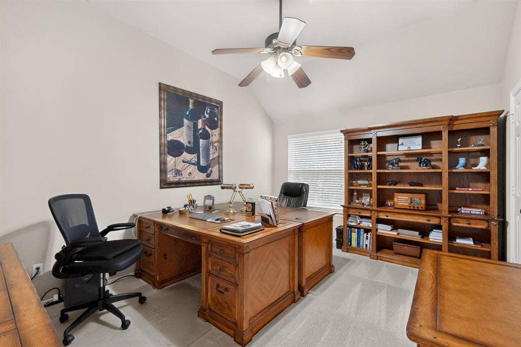 3820 Nash Lane, Plano, TX 75025 Vaulted ceiling with a ceiling fan, light-toned walls, and soft carpet flooring