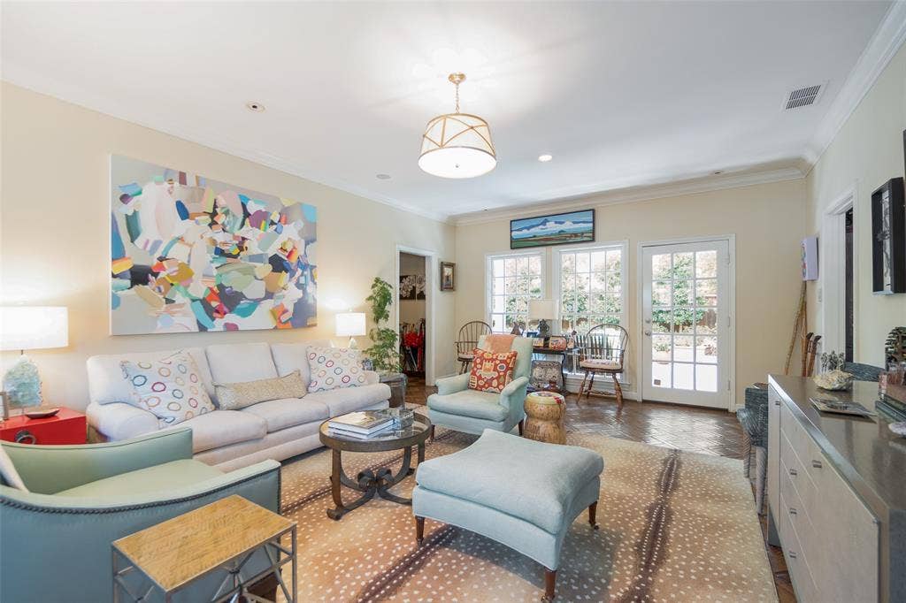 3418 Dartmouth Avenue, Highland Park, TX 75205 Recessed lighting, crown molding, double French doors, wood-finish flooring, and a decorative ceiling fixture