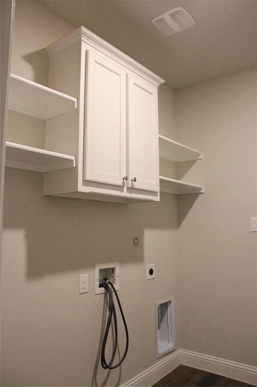 940 Parkside Drive, Argyle, TX 76226 Utility room with Built-in white cabinetry with crown molding, open shelving, and wood-finish flooring