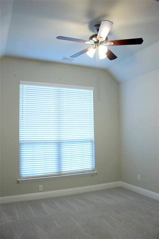 940 Parkside Drive, Argyle, TX 76226 2nd bedroom Vaulted ceiling featuring a ceiling fan with light fixture, window with blinds, and carpeted flooring