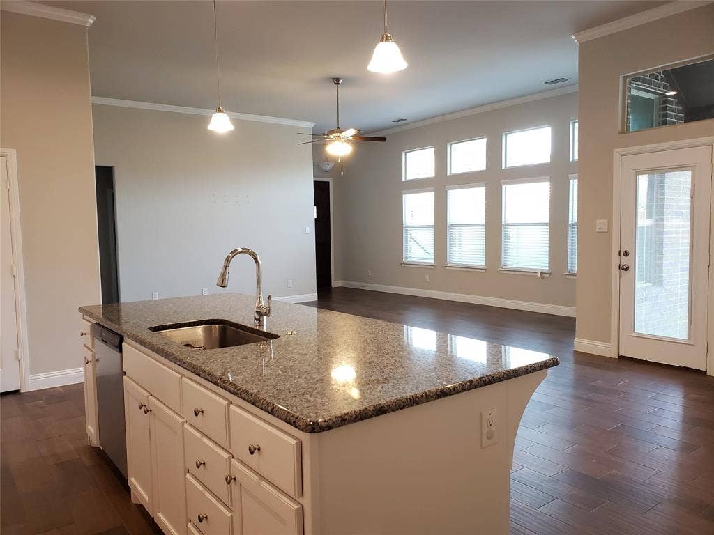 940 Parkside Drive, Argyle, TX 76226 Kitchen island with granite countertop and undermount sink, stainless steel dishwasher, wood-finish flooring, and multiple transom windows