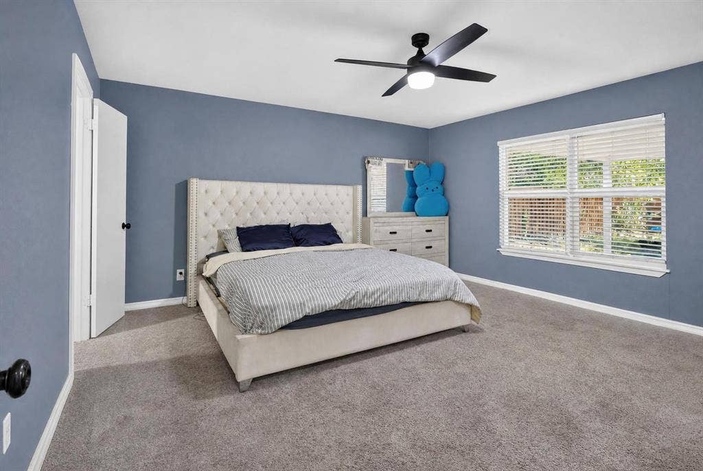 8117 Rush Street, Benbrook, TX 76116 Spacious primary bedroom with soft blue walls, carpet flooring, and abundant natural light from dual windows with plantation shutters