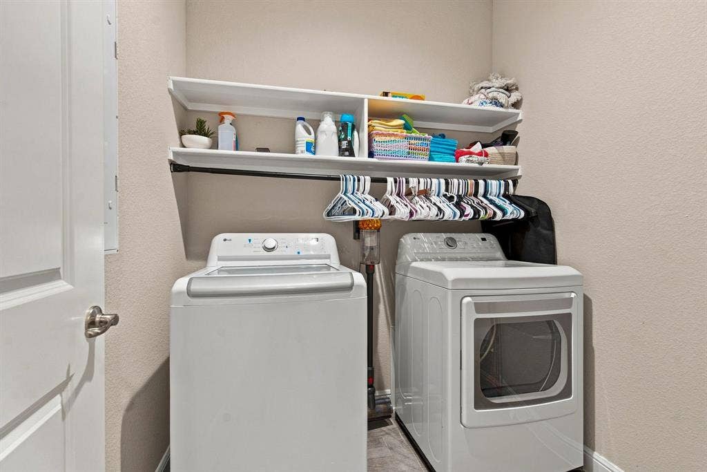 Built-in shelving with hanging rod, durable flooring