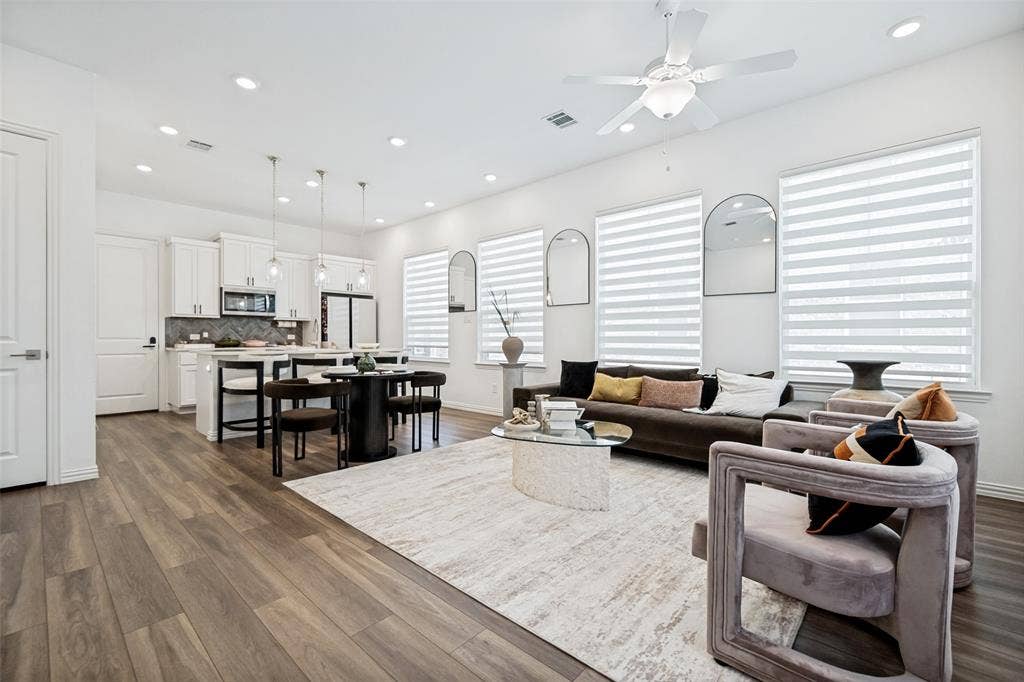 7536 Laburnam Road, Dallas, TX 75228 Open-concept living space with wood-finish flooring, recessed lighting, and a ceiling fan