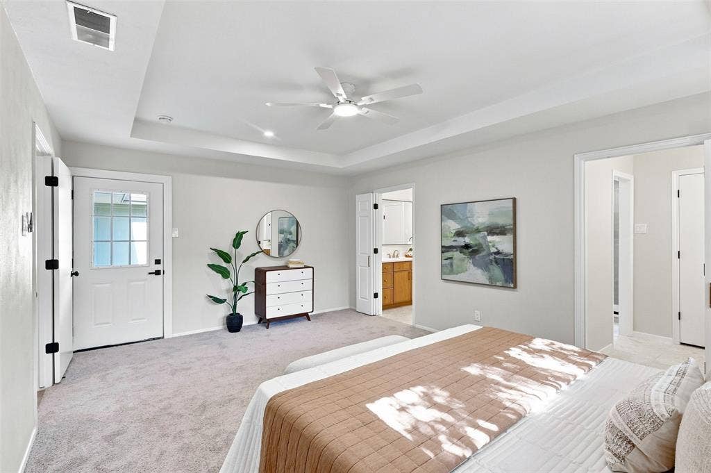 2411 Aspen Street, Richardson, TX 75082 Recessed ceiling, ceiling fan, grey carpeting, white interior doors, and a glass-paneled exterior door