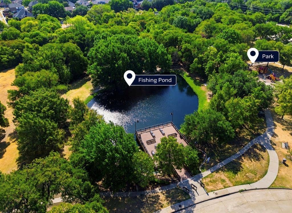 2411 Aspen Street, Richardson, TX 75082 Neighborhood amenities including a fishing pond with a pier and a park with play equipment