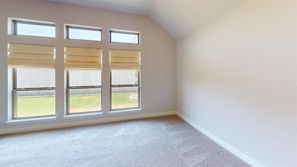 2401 Robin Way, Northlake, TX 76247 Vaulted ceiling, neutral wall paint, light-colored carpeting, multiple windows, and window treatments
