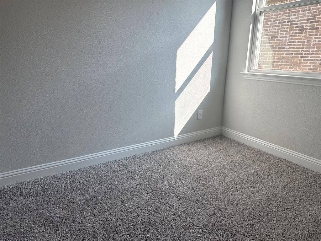 Textured light gray walls, gray carpeting, and white trim