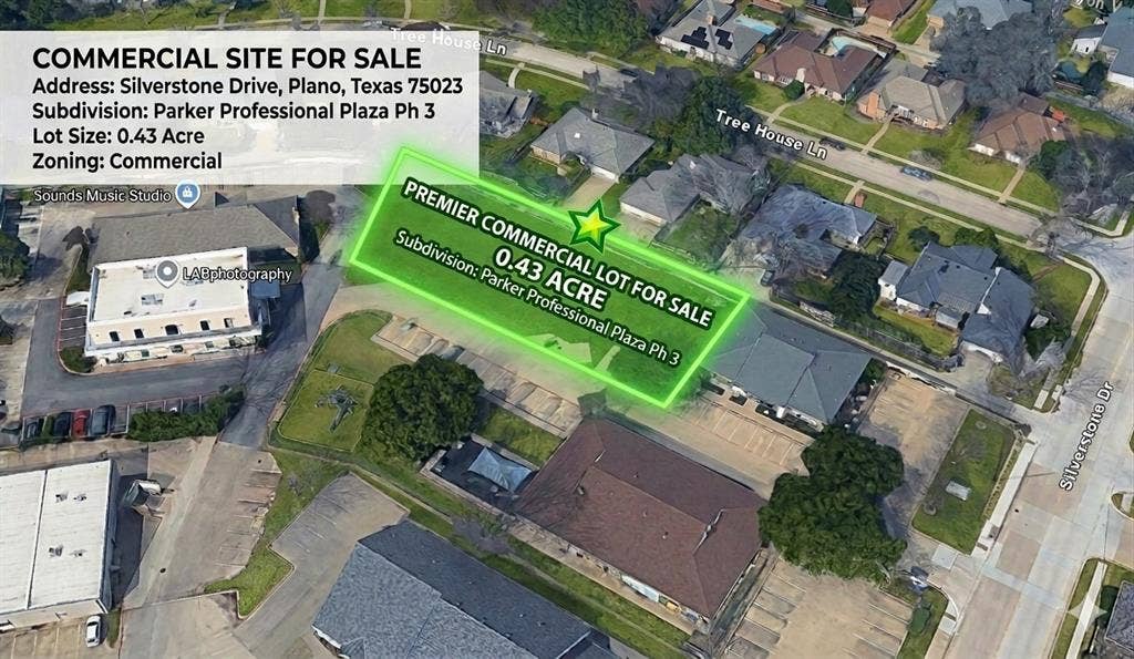 Real Estate Listing. Displaying the property address, lot size, and zoning classification for a commercial site