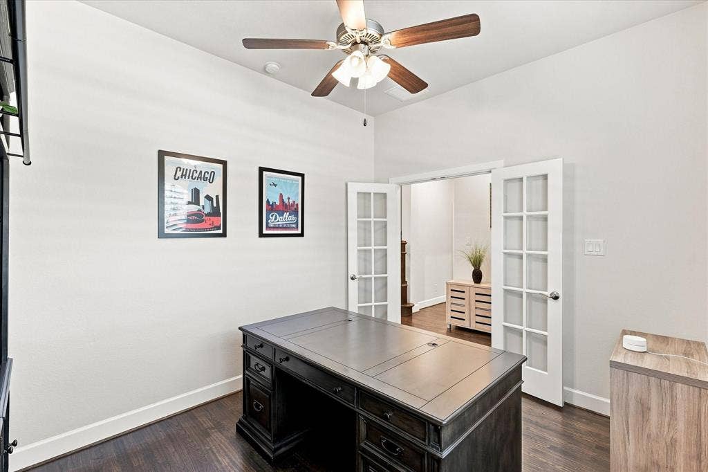 Hardwood flooring, recessed lighting, and a ceiling fan with integrated lighting