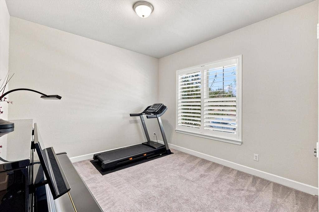 Dedicated home fitness room featuring light-filled windows with plantation shutters, neutral carpet flooring, and ceiling-mounted lighting