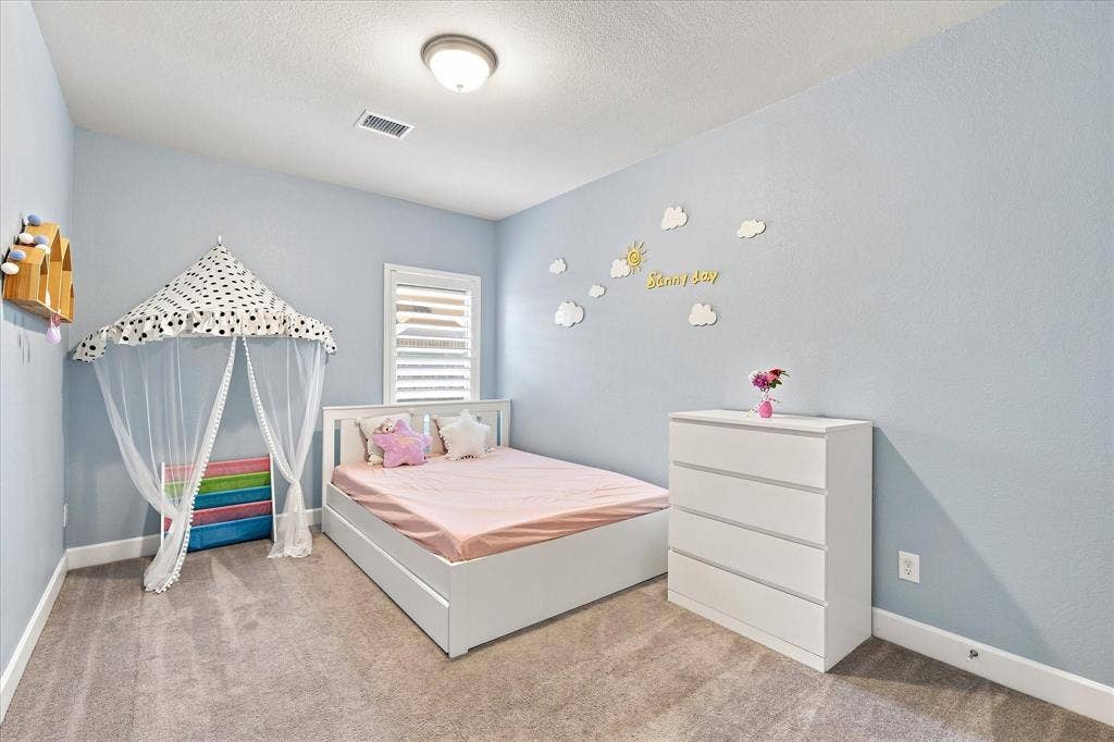 Carpeted bedroom with a single window featuring white plantation shutters and a ceiling-mounted light fixture