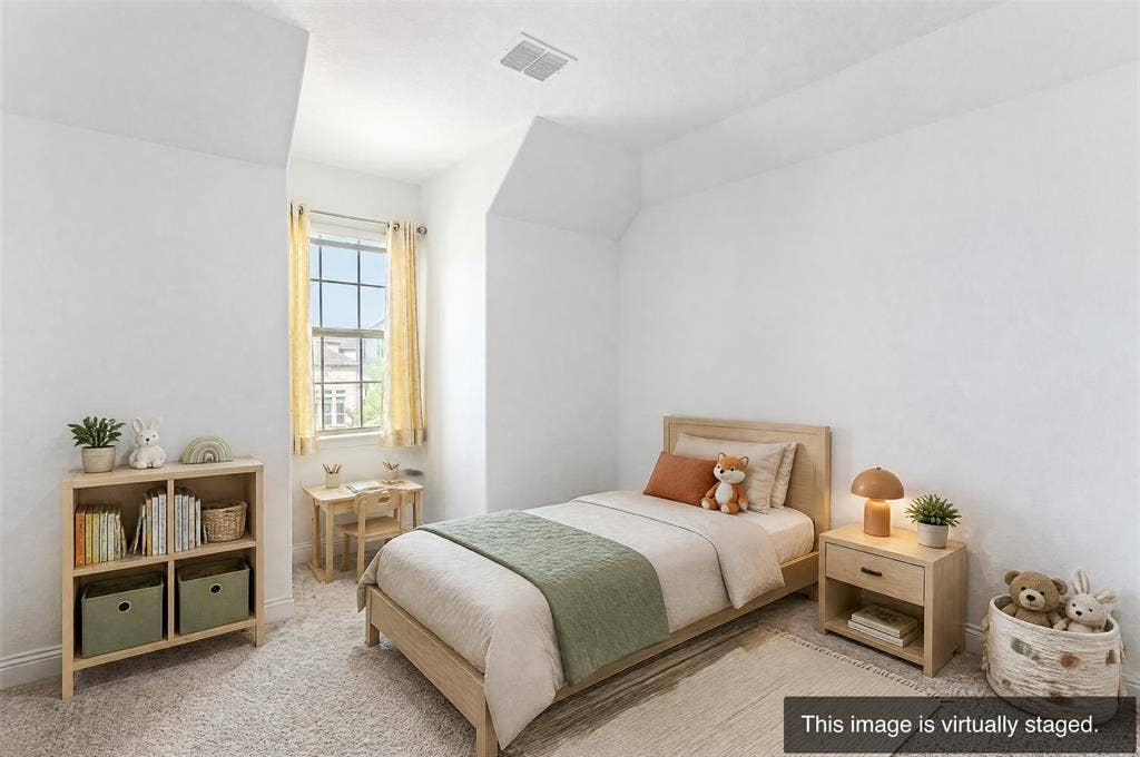 2515 Bedford Road, Northlake, TX 76226 Carpeted flooring, vaulted ceiling, and a large window with grid panes