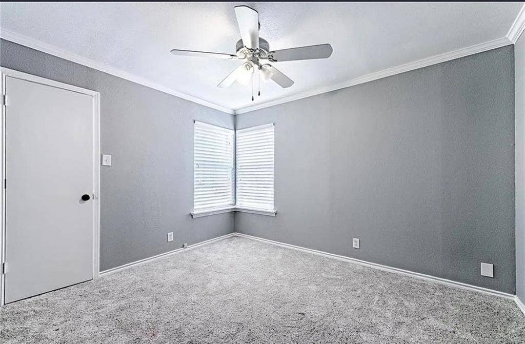 2601 Country Place, Carrollton, TX 75006 Bright corner bedroom with neutral gray walls, carpet flooring, and dual casement windows with plantation shutters