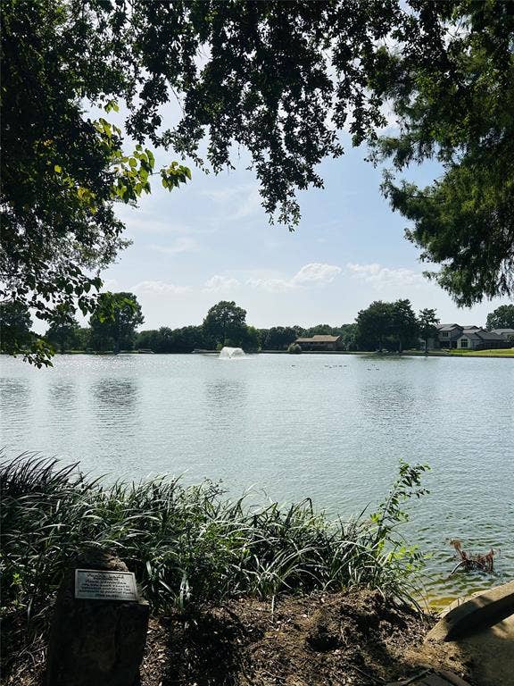 2601 Country Place, Carrollton, TX 75006 Waterfront property featuring expansive views across a serene lake, mature tree canopy providing natural shade, and direct water access from the landscaped grounds