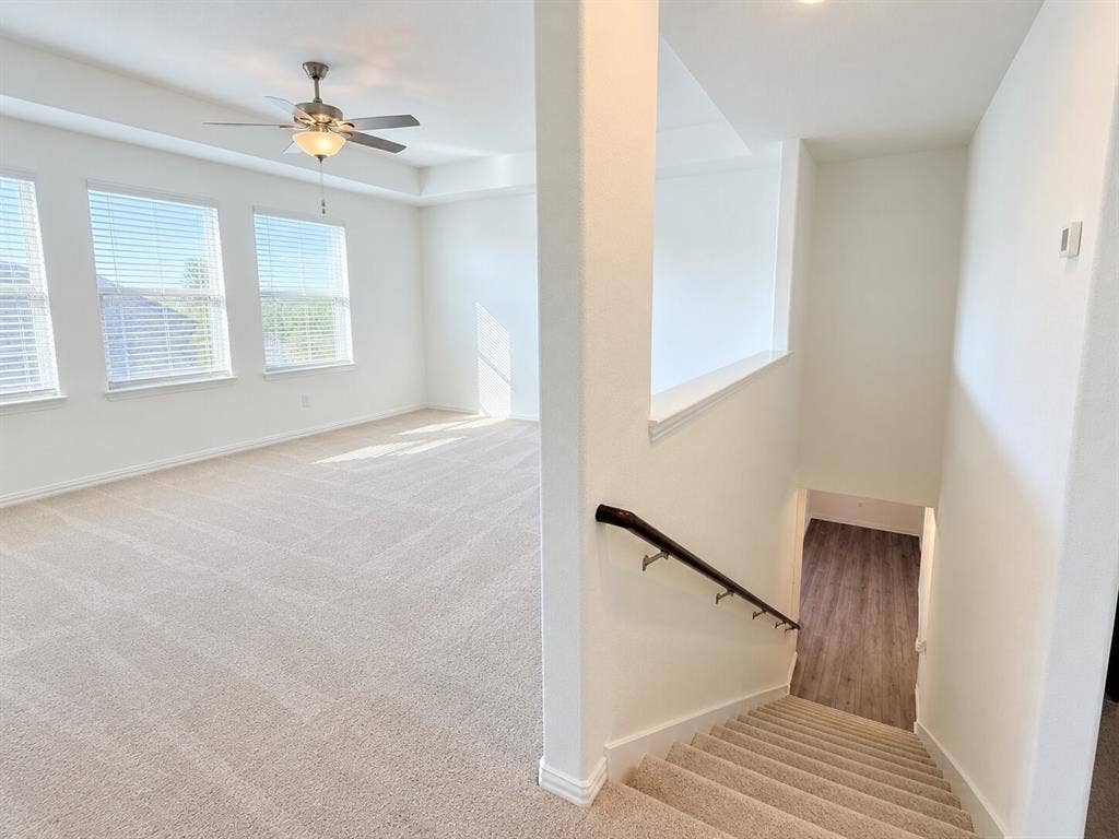 8432 Butterfly Lane, McKinney, TX 75071 Spacious room with plush carpeting, three large windows, a tray ceiling, and a ceiling fan