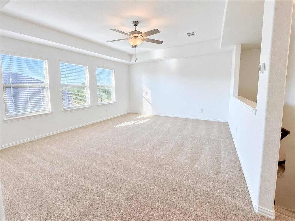 8432 Butterfly Lane, McKinney, TX 75071 Spacious room with neutral carpeting, three large windows with blinds, a tray ceiling, and a ceiling fan