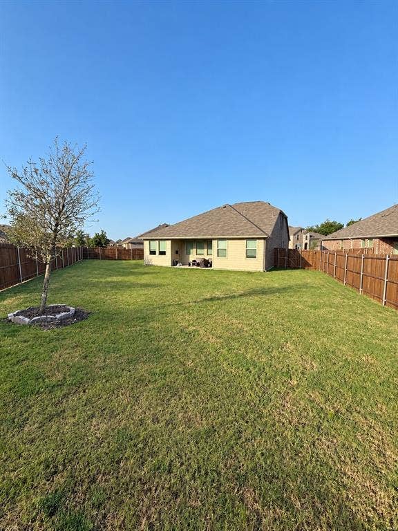 8432 Butterfly Lane, McKinney, TX 75071 Expansive backyard featuring a manicured lawn, established tree, and full privacy fencing