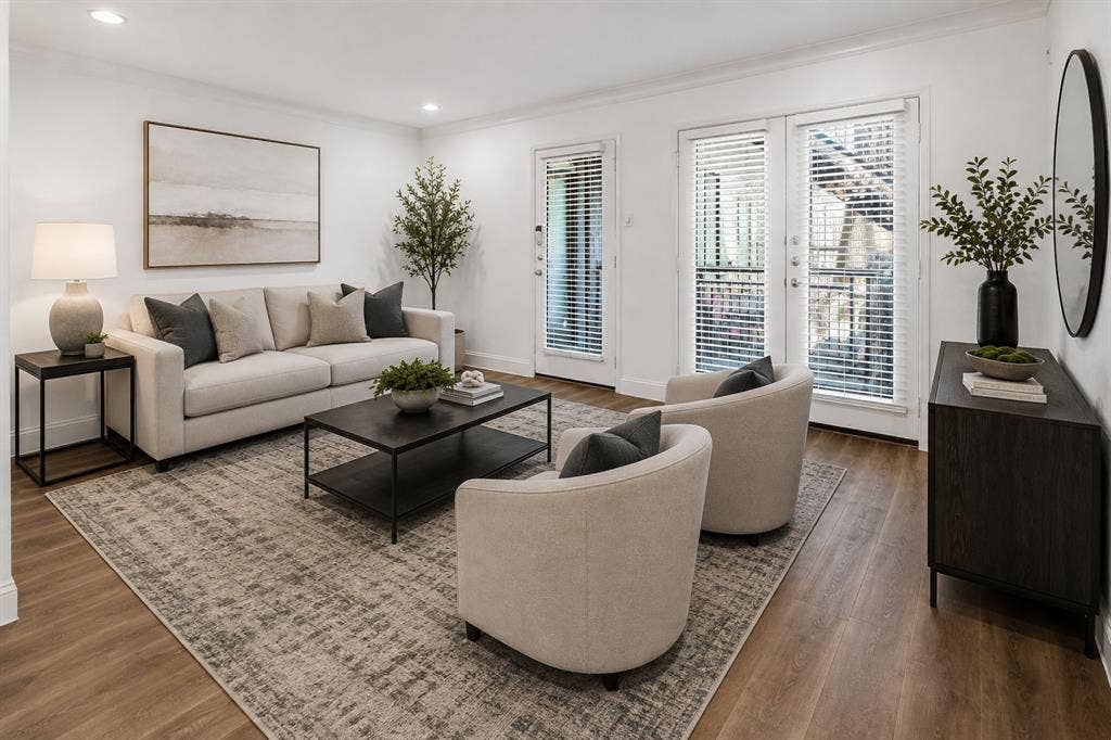 10207 Regal Oaks Drive, #109, Dallas, TX 75230 Virtually staged to showcase the spacious living area and provide a sense of furniture placement and scale. French doors bring in natural light and provide access to the outdoor patio area.