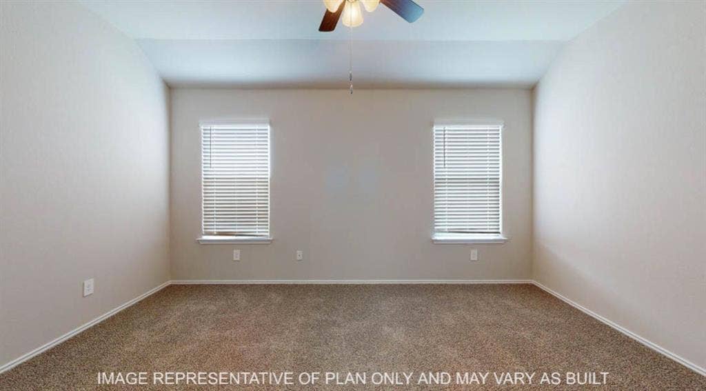 3112 Cyprian Road, Lorena, TX 76655 Neutral wall paint, textured carpeting, two windows with blinds, and a ceiling fan with integrated lighting