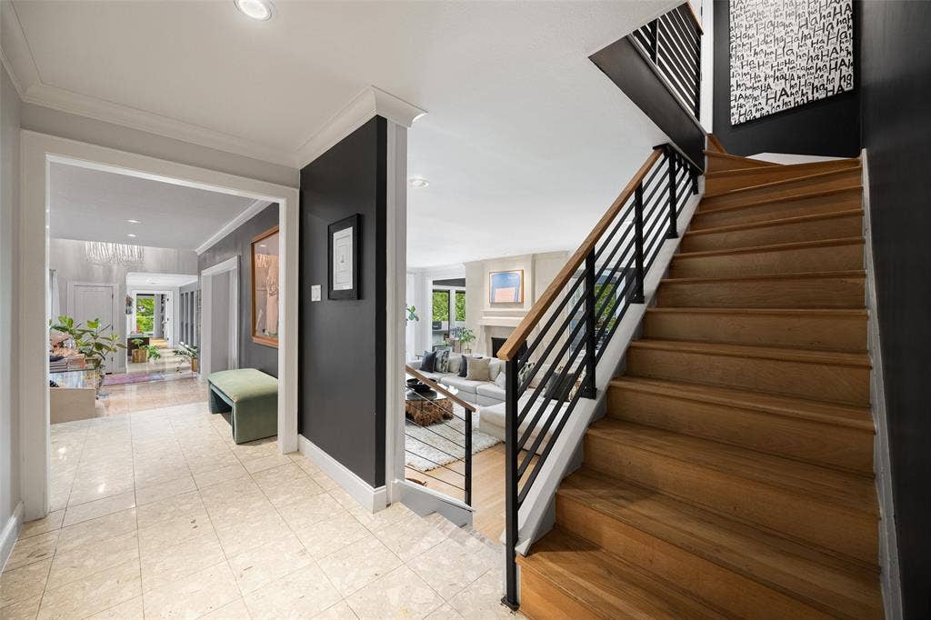 9863 Elmcrest Drive, Dallas, TX 75238 From outside of kitchen, view of walkway to great room and staircase to second floor.