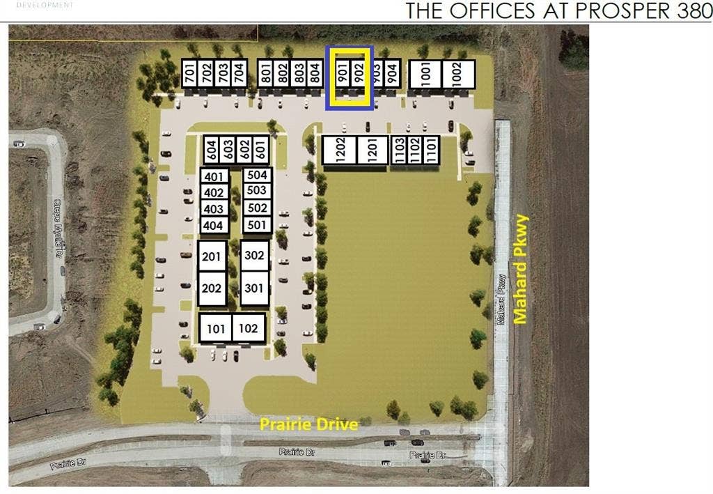 2120 Prairie Drive, 901 & #902, Prosper, TX 75078 Site Plan. An aerial view of the property indicating the layout of units and roadways