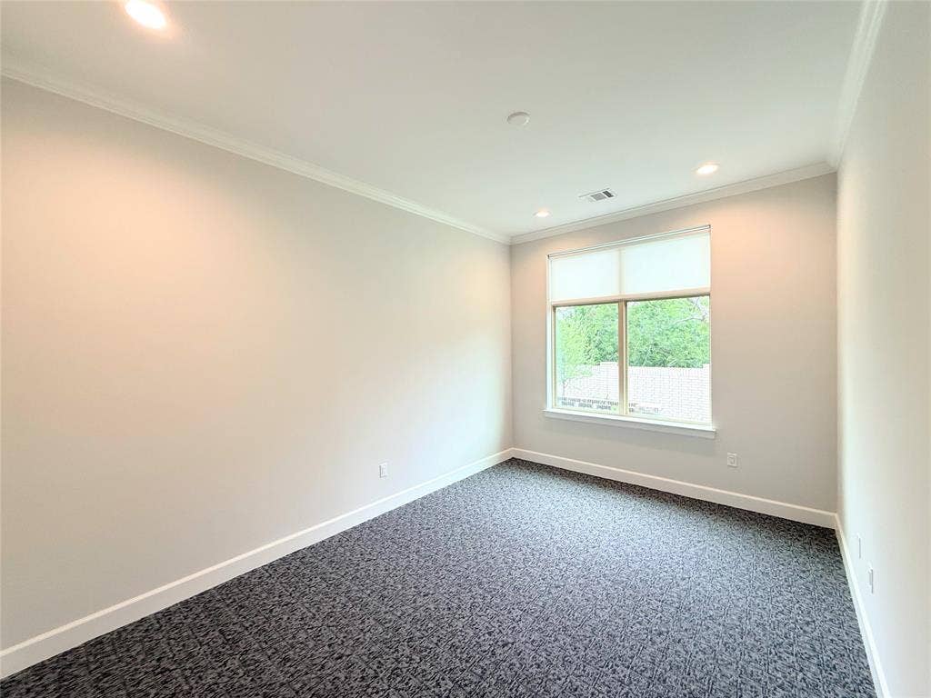 2120 Prairie Drive, 901 & #902, Prosper, TX 75078 Recessed lighting, crown molding, white trim, neutral-toned walls, and patterned carpet flooring