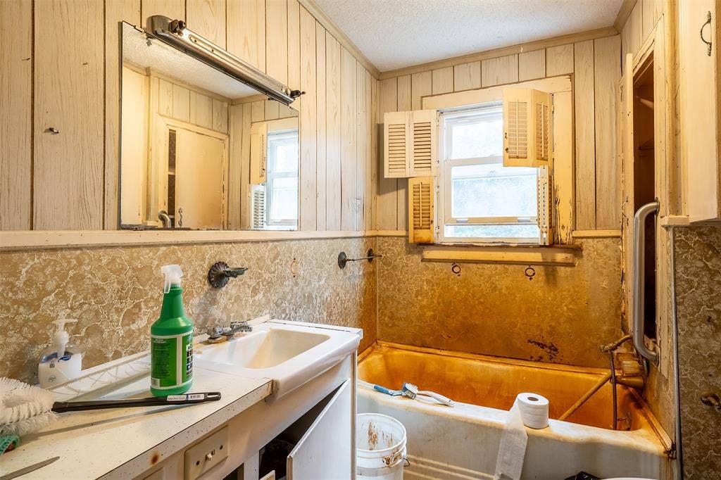 5250 Fm 2494, Athens, TX 75751 Wall-mounted vanity mirror, single window with interior shutters, wall paneling, built-in bathtub, and a vanity cabinet with a sink