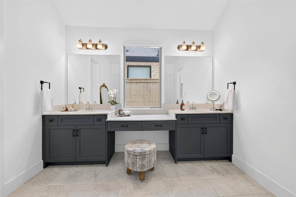 2809 Buckskin Lane, Northlake, TX 76247 Dual vanity with gray cabinetry, white countertops, and integrated sinks