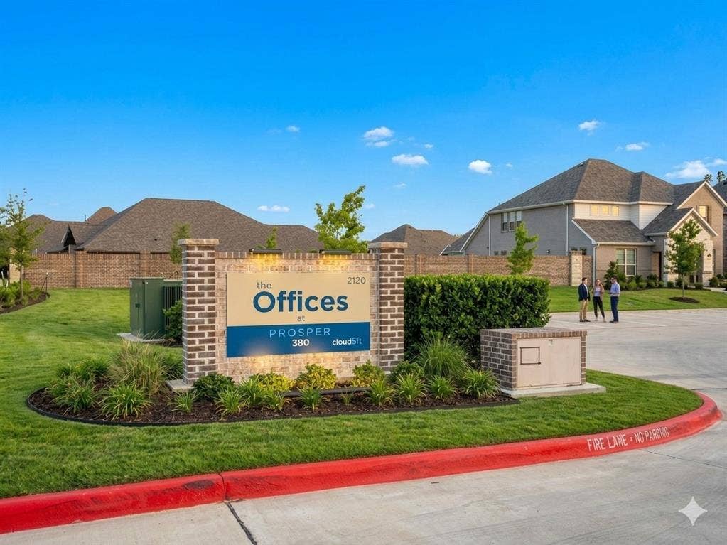 2120 Prairie Drive, #901, Prosper, TX 75078 Brick-clad monument sign with integrated lighting, surrounded by manicured landscaping