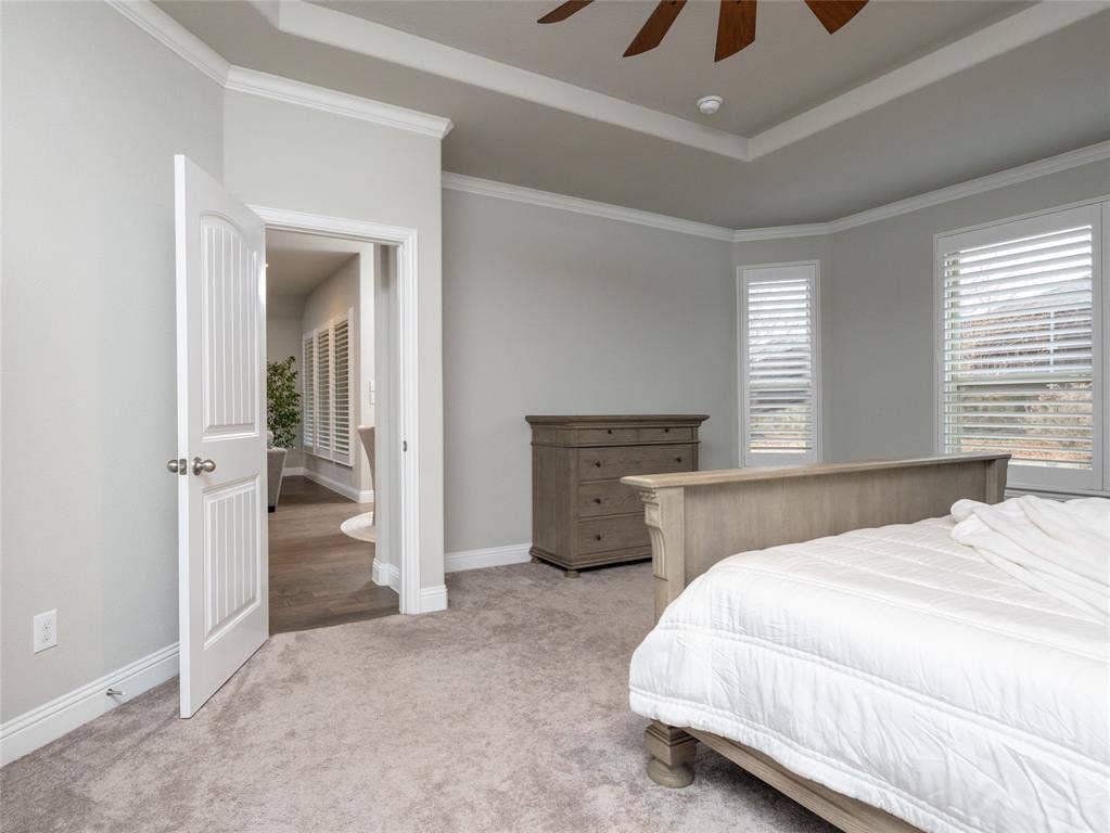 Recessed ceiling with crown molding, carpet flooring, plantation shutters, and a ceiling fan