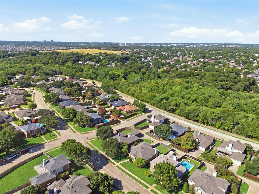 1110 Harvard Lane, Allen, TX 75002 Aerial View. Off to the left down Aylesbury is a city park.