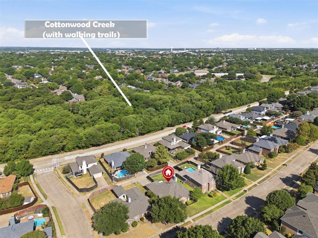 1110 Harvard Lane, Allen, TX 75002 Aerial of neighborhood showing creek and walking trails