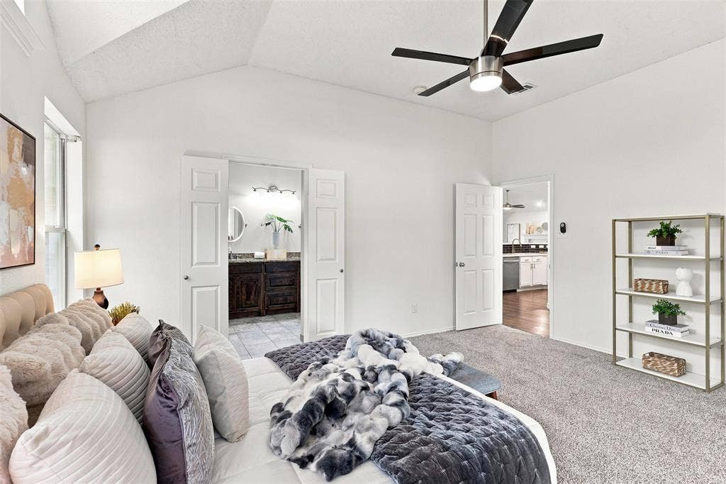 1110 Harvard Lane, Allen, TX 75002 Primary bedroom looking into primary bath and Kitchen