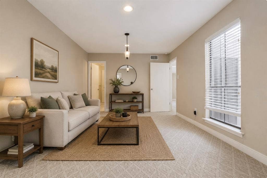 9400 Doliver Drive, #59, Houston, TX 77063 Recessed lighting, patterned carpet flooring, a window with blinds, and white trim throughout