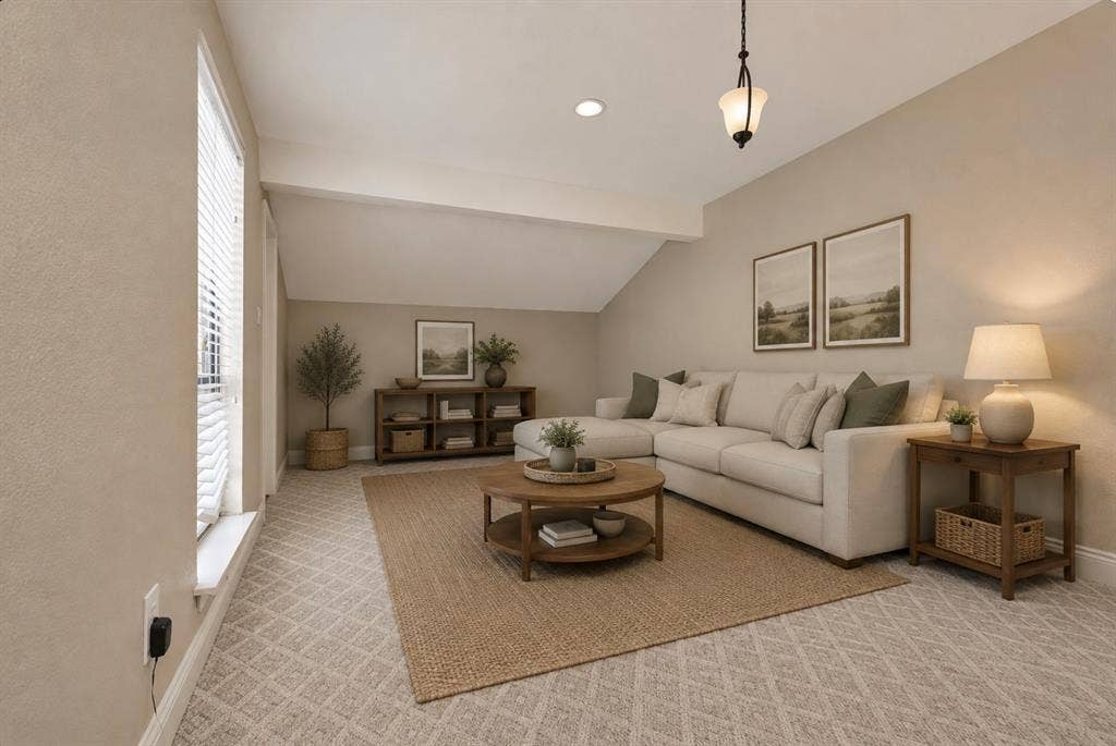 9400 Doliver Drive, #59, Houston, TX 77063 Sloped ceiling room featuring recessed lighting, a decorative hanging fixture, carpet flooring, and a large window with blinds