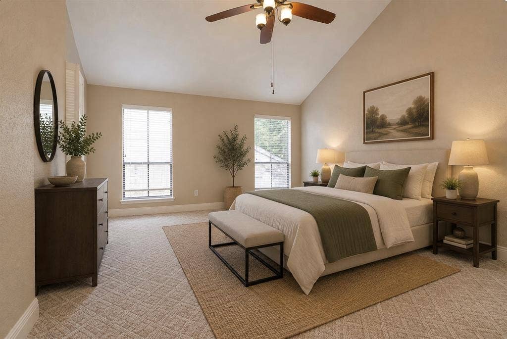 9400 Doliver Drive, #59, Houston, TX 77063 Vaulted ceiling, two windows with blinds, ceiling fan with integrated lighting, textured wall finish, and neutral-toned carpet