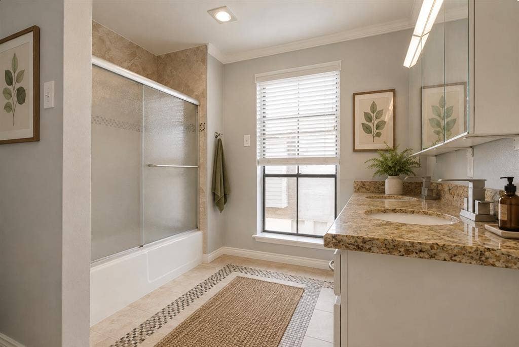 9400 Doliver Drive, #59, Houston, TX 77063 Dual vanity with integrated sinks, a window with horizontal blinds, a shower-tub combination with sliding glass doors, and recessed lighting
