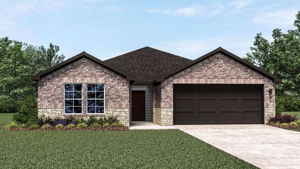 Brick exterior with stone accents, an attached two-car garage, and a covered entry