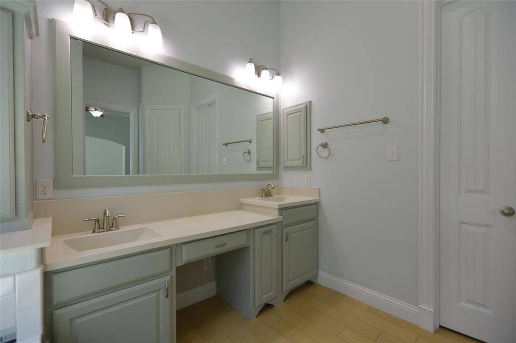 3707 Plum Vista Place, Arlington, TX 76005 Dual vanity with integrated sinks, light-toned countertops, and soft gray cabinetry