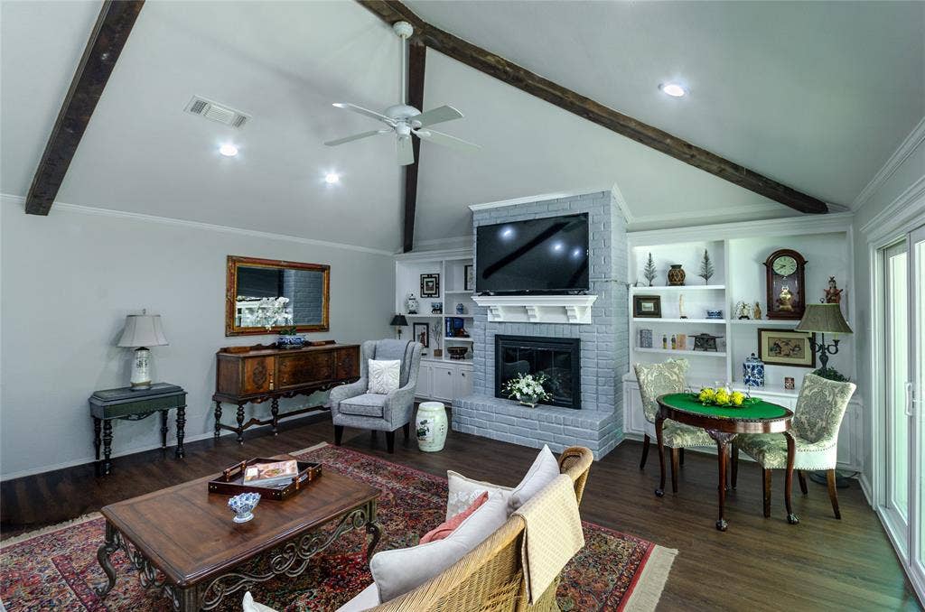 3613 Windmill Hill Street, Waco, TX 76710 Vaulted ceiling with exposed wood beams, recessed lighting, and a ceiling fan