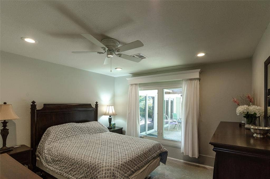 3613 Windmill Hill Street, Waco, TX 76710 Bedroom # 2 with recessed lighting, ceiling fan, and sliding glass door to outdoor space