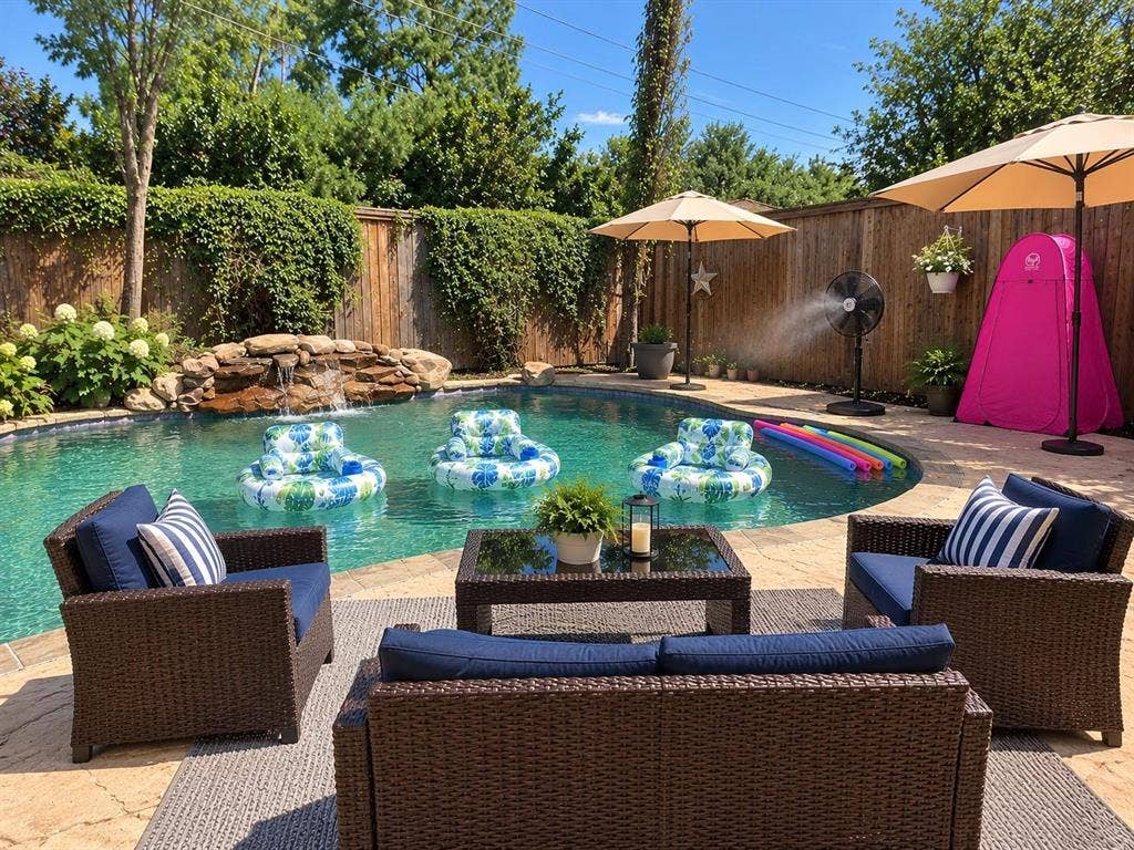 Resort-style pool with a rock waterfall feature, surrounding patio, privacy fencing, and mature landscaping.  This picture was taken in early spring, before the crazy heat wave we had, so you can see how beautiful this backyard setting really is.