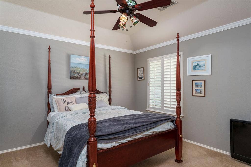 1620 Babbling Brook Drive, Grand Prairie, TX 75050 Vaulted ceiling with decorative fan, crown molding, plantation shutters, and carpeted flooring