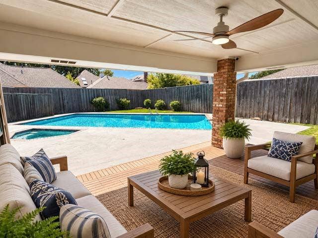 Staged Covered patio with a paneled ceiling and ceiling fan