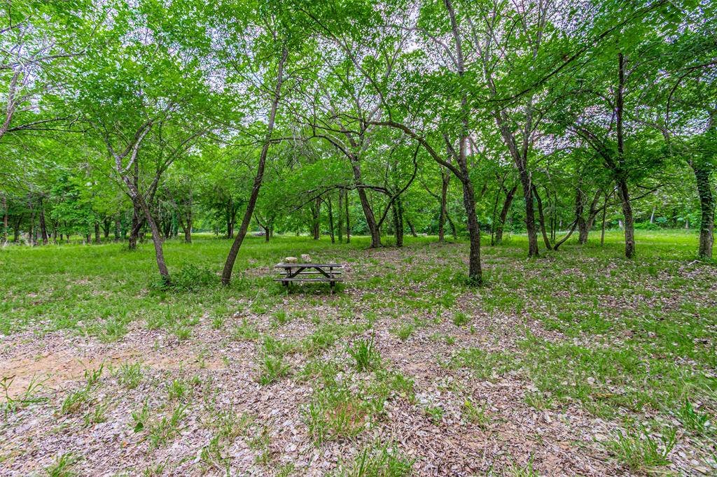 3018 River View Court, Granbury, TX 76048 Wooded area featuring mature trees and a picnic table