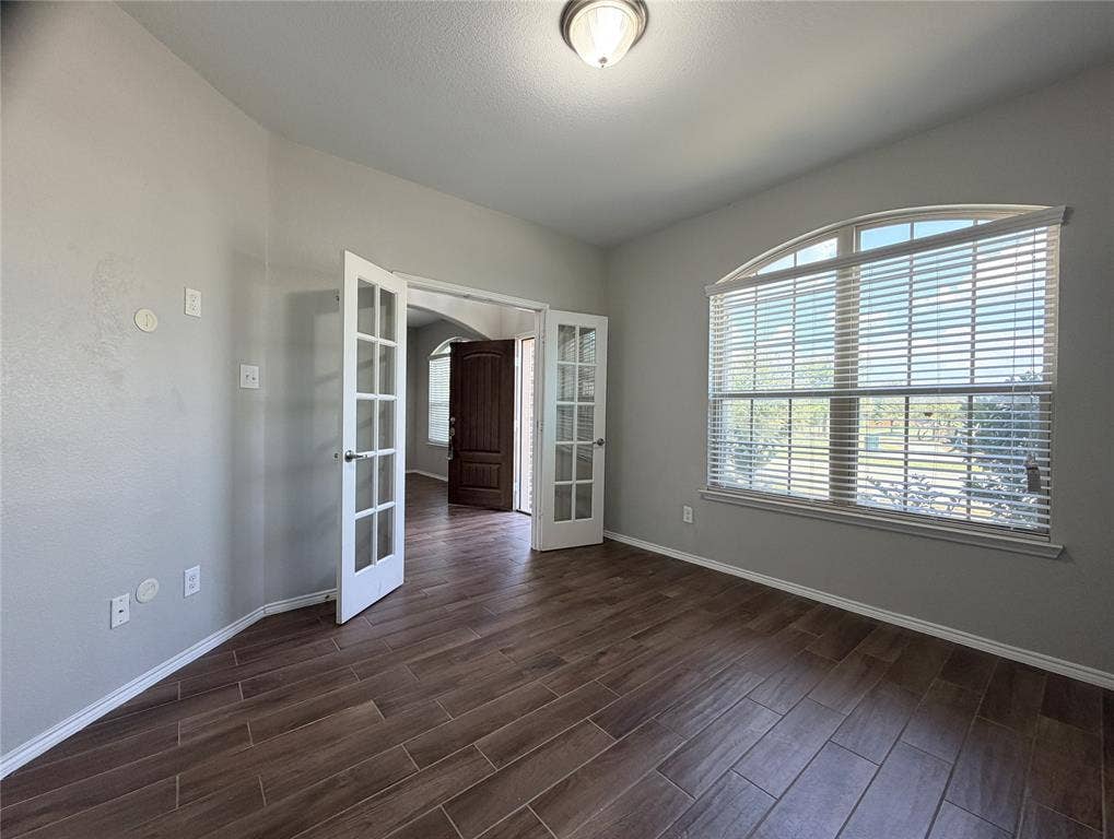 4103 Portrush Drive, Heartland, TX 75126 Wood-finish plank flooring, arched window with blinds, French doors, and a ceiling-mounted light fixture